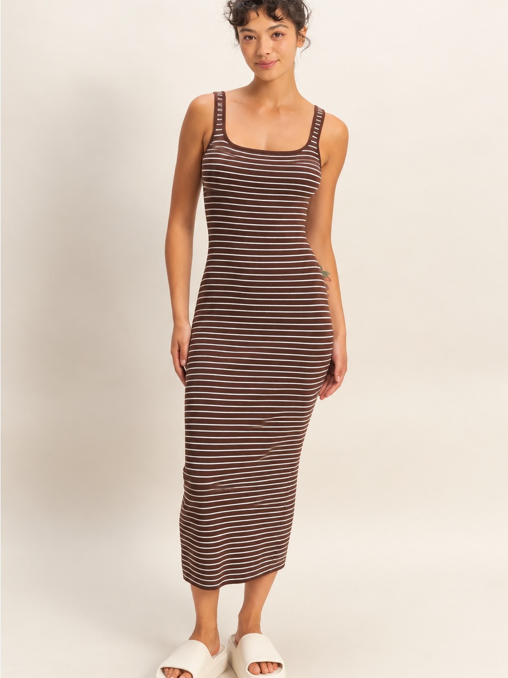 Double Zero Chocolate Brown & White Striped Ribbed Midi Tank Dress – Small NWT